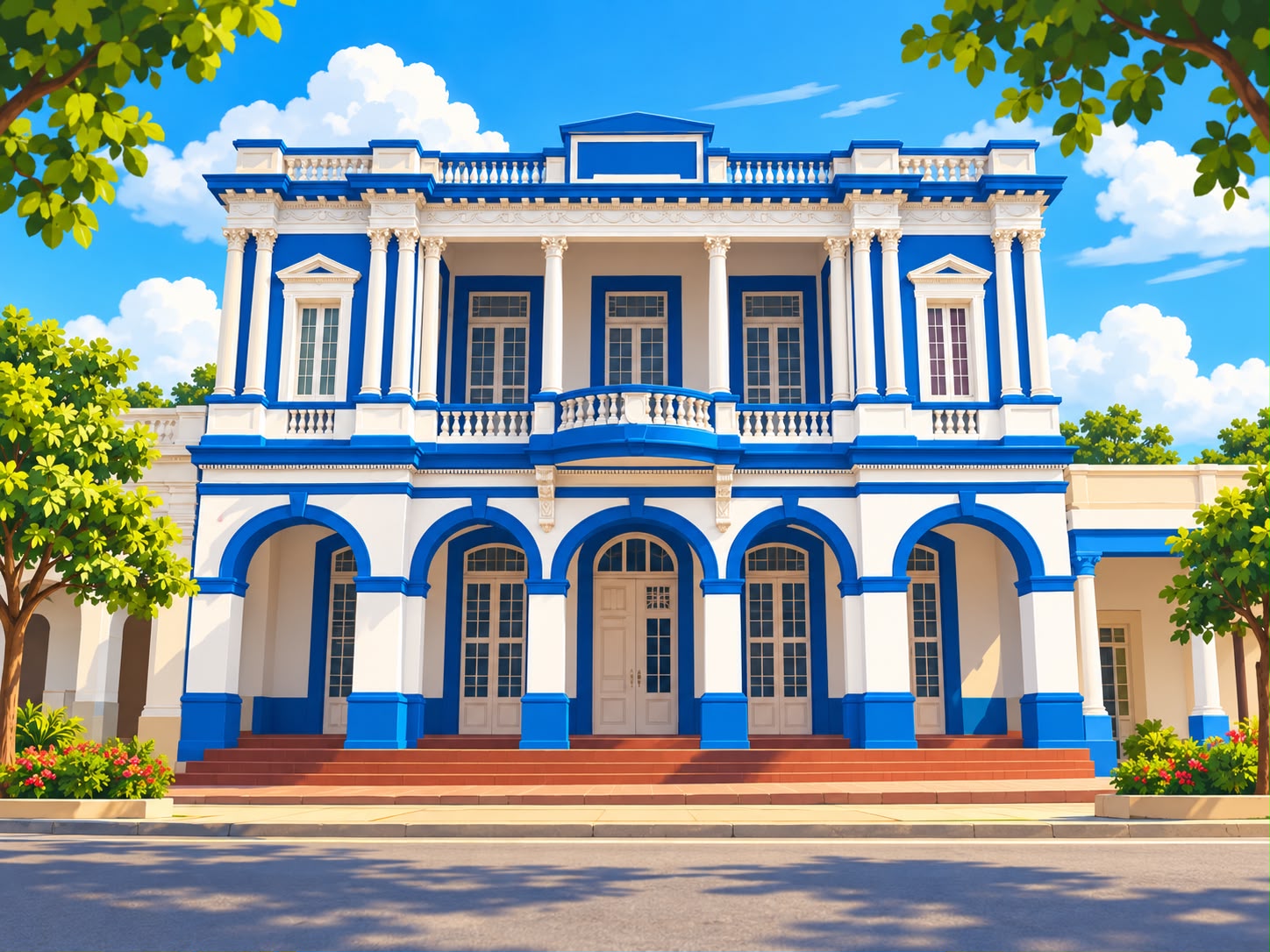 Ilustración del edificio histórico azul y blanco de San José de las Lajas