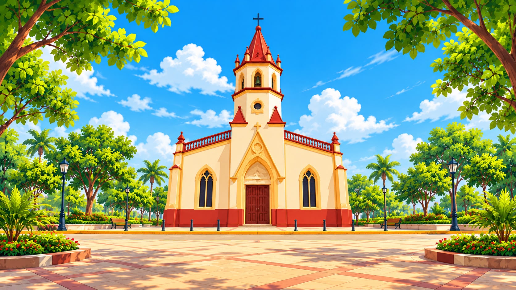 Ilustración de la iglesia de San José de las Lajas rodeada de árboles